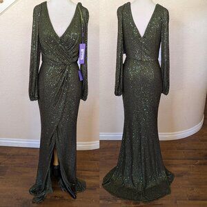 Olive Green Sequined Long Sleeve Formal Evening Wedding Dress 6